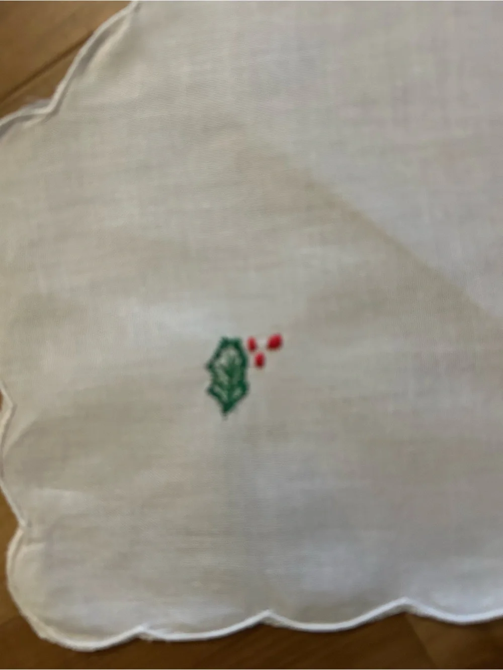 Vintage White Embroidered Linen Doily with Green Leaves & Red Berries